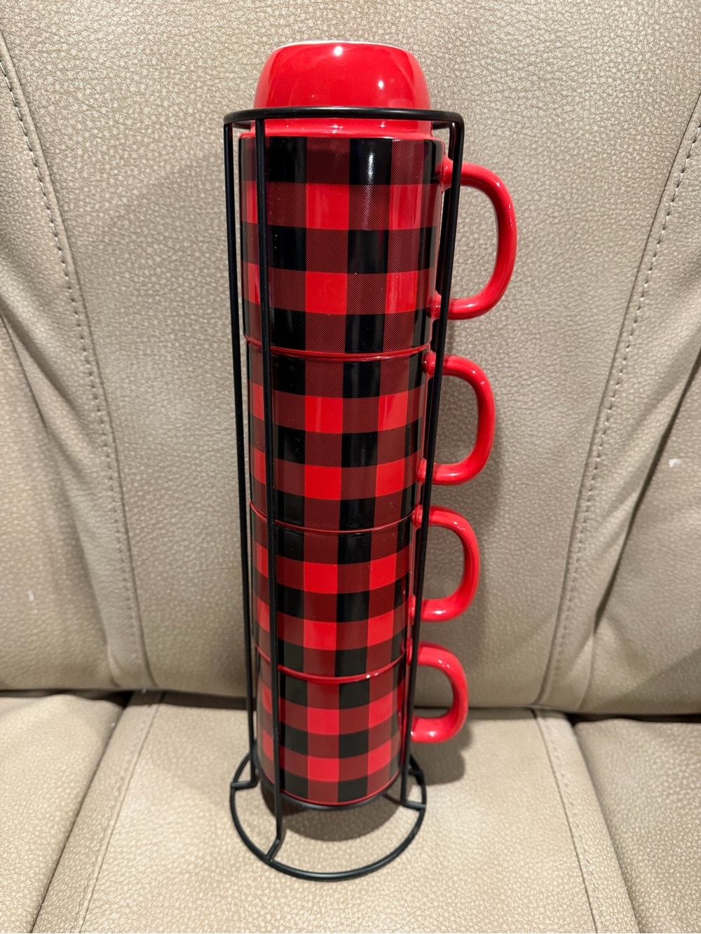 Red Buffalo Plaid Stackable Mug Set with Stand - Red and Black